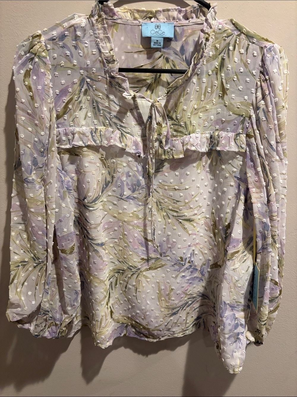 CeCe Pastel Floral Swiss-Dot Tie-Neck Blouse
